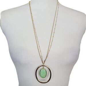 Massini Double Chain Necklace & Pendant With Earrings Set Green Glass NEW Gold